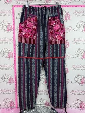 Pants patchwork Boho Embroidered Patchwork Striped Harem Pants - Pink & Navy